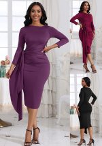 This Sexy Nine Quarter Sleeve Pleated Lace-Up Women's Fashion Office Chic Slim Fit Bodycon Dress Design Made Of High Quality Polyster And Spandex Material. It Come With Good Stretch And Wearing Comfortable. Women¡¯s Midi Dresses Is Omnipotent And Suit For All Kinds Of Occasions - Daily Wear