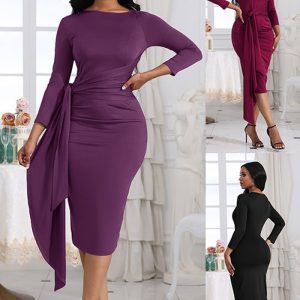 This Sexy Nine Quarter Sleeve Pleated Lace-Up Women's Fashion Office Chic Slim Fit Bodycon Dress Design Made Of High Quality Polyster And Spandex Material. It Come With Good Stretch And Wearing Comfortable. Women¡¯s Midi Dresses Is Omnipotent And Suit For All Kinds Of Occasions - Daily Wear