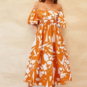 This Sexy Off Shoulder Puff Sleeve Printed Casual Fashion Swing Chic Dress Design Made Of High Quality Polyster And Spandex Material. It Is Stretchy