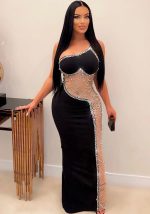 This Sexy Pearl Beaded See-Through Mesh Patchwork Long Evening Dress Design Made Of High Quality Polyster And Spandex Material