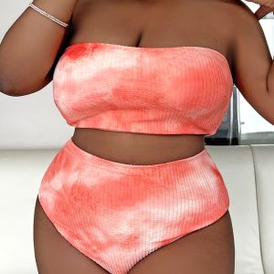 This Sexy Plus Size Orange Tie Dye Strapless High Waist Bikini Is Made Of Good Quality Lycra And Spandex Fabric