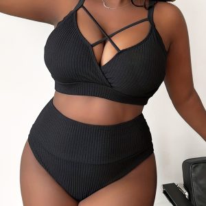 This Sexy Plus Size Solid Straps High Waist Bikini Two Piece Swimsuit Is Made Of Good Quality Lycra And Spandex Fabric