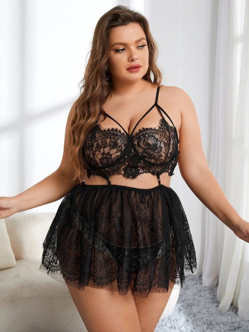 This Sexy Plus Size Women Black Lace Strap Lingerie Dress Made Of Durable And Elastic Material. Women¡¯s Plus Size Wholesale Lingerie At Global Lover Pay More Attention To The Novelty And Uniqueness Of Styles. We Offer Huge Selections Of Sexy Plus Size Lingerie Xl