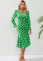 This Sexy Polka Dot v-Neck Long Sleeve Dress Pleated Mermaid Dress Slim Chic Mid Length Dress Plus Size Design Made Of High Quality Polyster And Spandex Material. It Come With Good Stretch And Wearing Comfortable. Women¡¯s Midi Dresses Is Omnipotent And Suit For All Kinds Of Occasions - Daily Wear