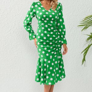 This Sexy Polka Dot v-Neck Long Sleeve Dress Pleated Mermaid Dress Slim Chic Mid Length Dress Plus Size Design Made Of High Quality Polyster And Spandex Material. It Come With Good Stretch And Wearing Comfortable. Women¡¯s Midi Dresses Is Omnipotent And Suit For All Kinds Of Occasions - Daily Wear