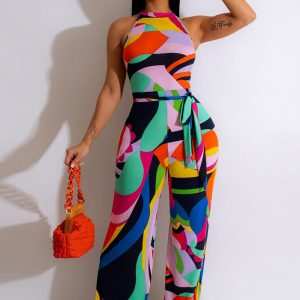 This Sexy Print Halter Neck Sleeveless Jumpsuit Design Made Of High Quality Polyster And Spandex Material. It Is Stretchy