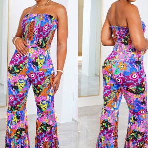 This Sexy Print Plus Size Lace Jumpsuit Bell Bottom Pants Design Made Of High Quality Polyster And Spandex Material. It Is Stretchy