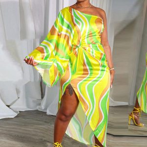 This Sexy Printed Asymmetrical Slash Shoulder Slit Dress Design Made Of High Quality Polyster And Spandex Material. Print Dresses Is More Interesting And Stylish. Print Maxi Dresses Is One Of The Popular Item For Islander Vocations. Women¡¯s Print Dresses At Global Lover Comes With Forever Floral