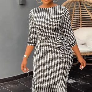 This Sexy Printed Black And White Check Tight Fitting Midi Long Sleeve Bodycon Dress Design Made Of High Quality Polyster And Spandex Material. It Come With Good Stretch And Wearing Comfortable. Women¡¯s Midi Dresses Is Omnipotent And Suit For All Kinds Of Occasions - Daily Wear