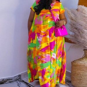 This Sexy Printed Plus Size Print v Neck Loose Dress Made Of Soft And Elastic Fabric. Global Lover Wholesale Plus Size Dresses And Hope Curvy Ladies Find Here a Warm And Exciting Place To Shop Affordable Curvy Dresses Online - Plus Size Casual