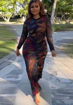 This Sexy Printed Stretch Round Neck Long Sleeve Bodycon Tight Fitting Mermaid Long Dress Design Made Of High Quality Polyster And Spandex Material