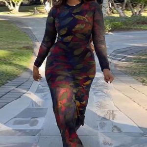 This Sexy Printed Stretch Round Neck Long Sleeve Bodycon Tight Fitting Mermaid Long Dress Design Made Of High Quality Polyster And Spandex Material