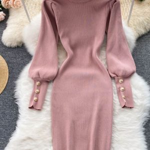 This Sexy Puff Sleeves Slim Elastic Knitting Dress For Women Combine The Warm And Fashion. It Is a Must-Have Item For This Winter. Sweater Dresses For Women At Global Lover Comes For Different Occasions - Daily Life