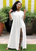 This Sexy Round Neck Solid Loose Casual Summer White Dress Design Made Of High Quality Polyster And Spandex Material