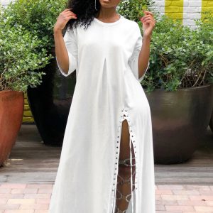 This Sexy Round Neck Solid Loose Casual Summer White Dress Design Made Of High Quality Polyster And Spandex Material