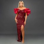 This Sexy Ruffled v-Neck Chic Sequined Off Shoulder Long Dress Female Formal Party Evening Dress Design Made Of Good Quality Polyster And Spandex Material