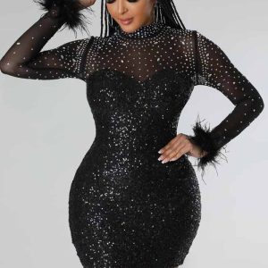 This Sexy See-Through Mesh Feather Bodycon Slim Sequin Beaded Dress Design Made Of High Quality Polyster And Spandex Material