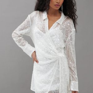 This Sexy Sequin Mesh Shirt Dress Fashion Turndown Collar Belted Chic Loose Sexy Dress Design Made Of High Quality Polyster And Spandex Material. It Is Stretchy