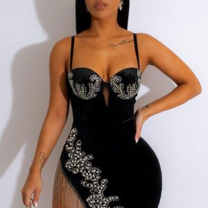 This Sexy Sling Slim Slit Beaded Fringe Dress Design Made Of High Quality Polyster And Spandex Material