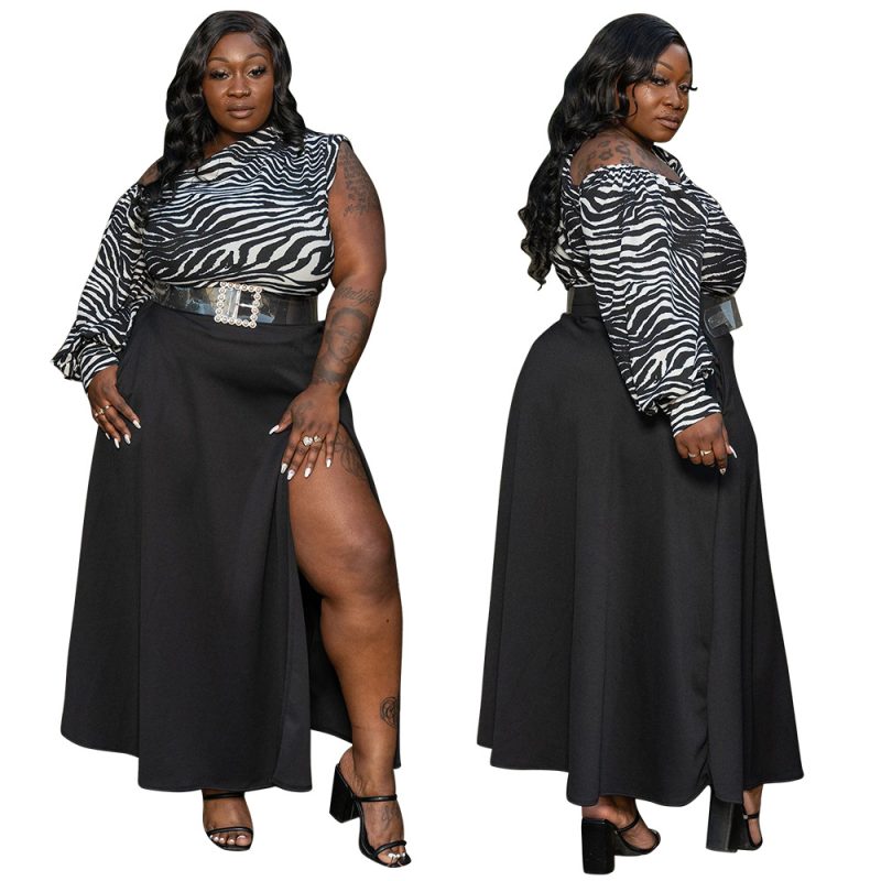 This Sexy Slit Women's Skirt One-Shoulder Long Sleeve Print Top Two Piece Set Design And Made Of Comfortable And Elastic Fabric. Wholesale Plus Size Two Piece Sets Is a Must-Have Item For Curvy Ladies. Two Piece Sets Can Either Be Worn Together Or Individually