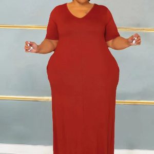 This Sexy Solid Color v Neck Short Sleeve Spring Summer Plus Size Maxi Dress Made Of Soft And Elastic Fabric. Global Lover Wholesale Plus Size Dresses And Hope Curvy Ladies Find Here a Warm And Exciting Place To Shop Affordable Curvy Dresses Online - Plus Size Casual