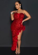 This Sexy Strapless Solid Color Sequined High Slit Party Dress Design Made Of Good Quality Polyster And Spandex Material