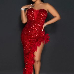 This Sexy Strapless Solid Color Sequined High Slit Party Dress Design Made Of Good Quality Polyster And Spandex Material