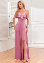 This Sexy Straps Ruffled Slit a-Line Long Evening Dress Velvet Bridesmaid Party Dress Design Made Of Good Quality Polyster And Spandex Material