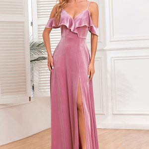 This Sexy Straps Ruffled Slit a-Line Long Evening Dress Velvet Bridesmaid Party Dress Design Made Of Good Quality Polyster And Spandex Material