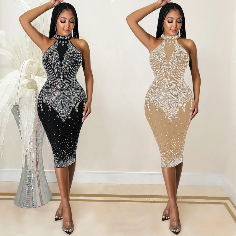 This Sexy Tight Fitting Beaded Diamond Women's Nightclub Dress Design Made Of High Quality Polyster And Spandex Material