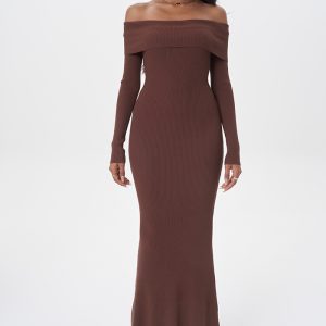 This Sexy Turndown Collar Off Shoulder Knittingwomen's Stretch Slim Waist Fishtail Long Dress Combine The Warm And Fashion. It Is a Must-Have Item For This Winter. Sweater Dresses For Women At Global Lover Comes For Different Occasions - Daily Life