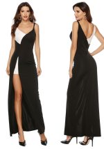 This Sexy v-Neck Black And White Patchwork Straps Slit Dress Design Made Of Good Quality Polyster And Spandex Material