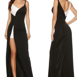 This Sexy v-Neck Black And White Patchwork Straps Slit Dress Design Made Of Good Quality Polyster And Spandex Material