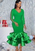 This Sexy v-Neck Hollow Sleeve Dress Ruffles Formal Party Party Cascading Dress Design Made Of Good Quality Polyster And Spandex Material