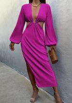 This Sexy v-Neck Slim Long Sleeve Slit Midi Dress Design Made Of High Quality Polyster And Spandex Material