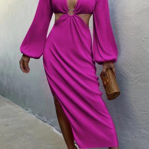 This Sexy v-Neck Slim Long Sleeve Slit Midi Dress Design Made Of High Quality Polyster And Spandex Material