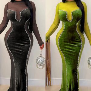 This Sexy Velve Mesh Slim Bodycon Dress Club Wear Design Made Of Good Quality Polyster And Spandex Material