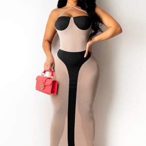 This Sexy Women's Halter See-Through Mesh Patchwork Club Dress Design Made Of High Quality Polyster And Spandex Material