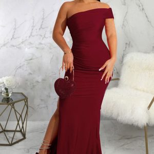 This Sexy Fashion Solid Color v-Neck Slit Women's Dress Design Made Of Good Quality Polyster And Spandex Material