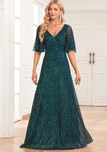 This Shiny See-Through Sleeve Double v-Neck Pleated a Swing Evening Gown Wedding Sequin Dress Design Made Of High Level Material