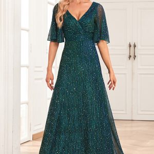 This Shiny See-Through Sleeve Double v-Neck Pleated a Swing Evening Gown Wedding Sequin Dress Design Made Of High Level Material