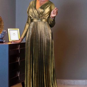 This Shiny v-Neck Comfortable Dress Luxury Style High Waist Wrap Pleated Dress Design Made Of High Quality Polyster And Spandex Material