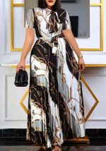 This Short Sleeve Printed Pleated Plus Size Maxi Dress Design Made Of High Quality Polyster And Spandex Material