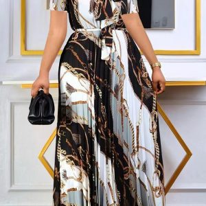 This Short Sleeve Printed Pleated Plus Size Maxi Dress Design Made Of High Quality Polyster And Spandex Material