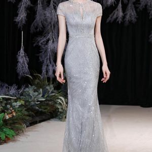 This Silver Gray Mermaid Formal Party Costume Bride Wedding Dress Design Made Of Good Quality Polyster And Spandex Material