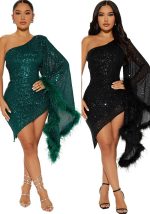 This Slash Shoulder Irregular Sequin Women Bodycon Dress Design Made Of High Quality Polyster And Spandex Material