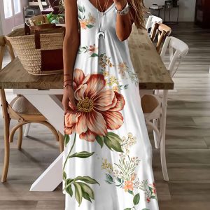 Questo senza maniche Slim Fit Flower Print Low Cut v-Neck Sling Long Dress Design Made Of High Quality Polyster And Spandex Material. Abiti di stampa è più interessante ed elegante. Stampa Maxi Abiti è uno degli elementi popolari per le vocazioni Islander. Abiti da stampa da donna a Global Lover viene fornito con Forever floreale