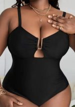 This Solid Color Deep v Sexy Hollow Plus Size One-Piece Swimsuit Is Made Of Good Quality Lycra And Spandex Fabric