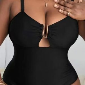 This Solid Color Deep v Sexy Hollow Plus Size One-Piece Swimsuit Is Made Of Good Quality Lycra And Spandex Fabric