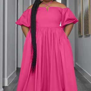 This Solid Color Sexy Strapless Halter Neck Plus Size Women's Fashion Loose Short Sleeve Dress Made Of Soft And Elastic Fabric. Global Lover Wholesale Plus Size Dresses And Hope Curvy Ladies Find Here a Warm And Exciting Place To Shop Affordable Curvy Dresses Online - Plus Size Casual